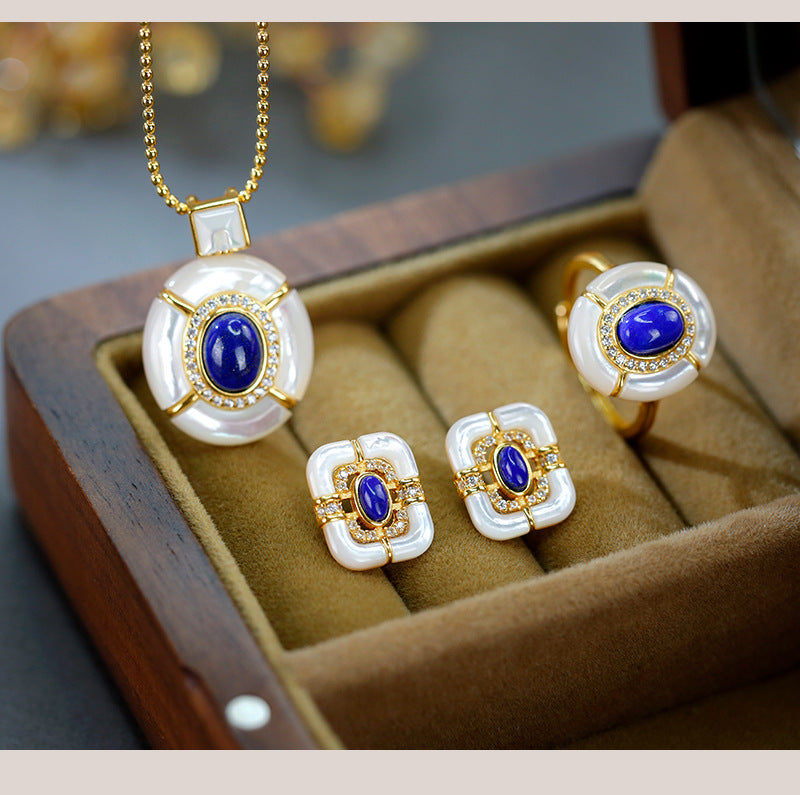 S925 silver inlaid lapis lazuli white mother-of-pearl set gold-plated jewelry