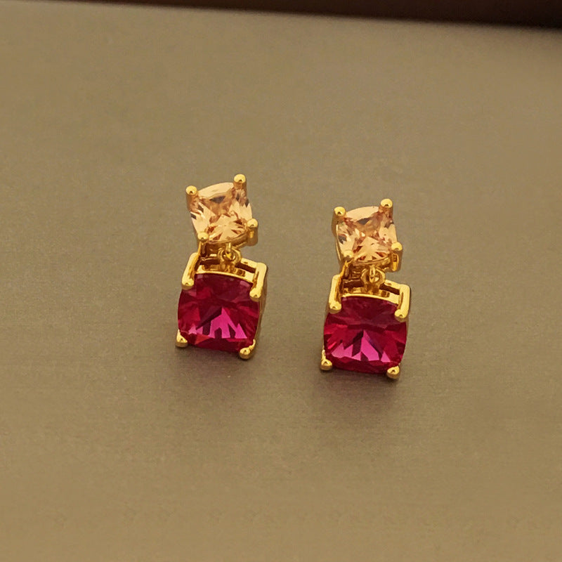 [DF]Pendientes de aguja de plata S925 chapados en cobre con circonitas rojas y rosas suaves para mujer, estilo insertado, aretes pequeños y de alta gama