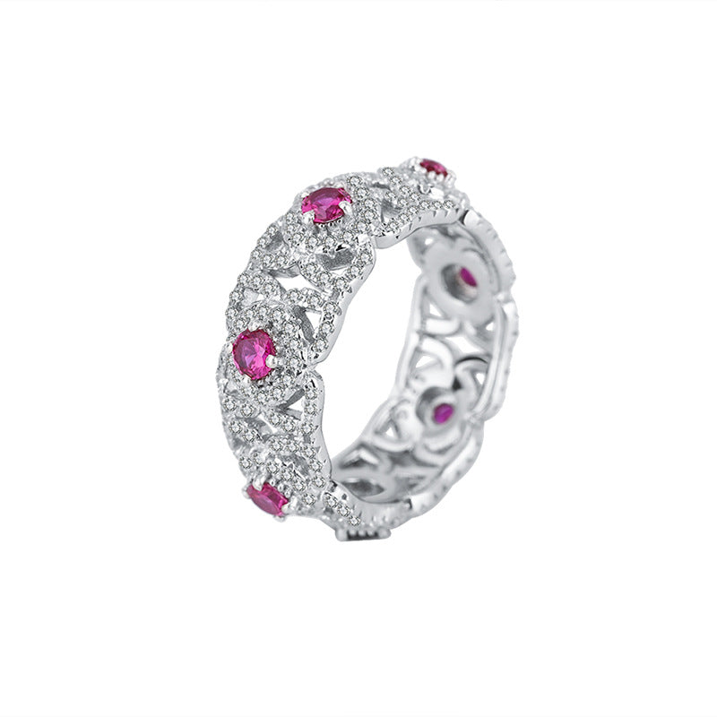 Bague de luxe en argent S925, réplique entièrement en rubis et diamants, avec anneau en rangée