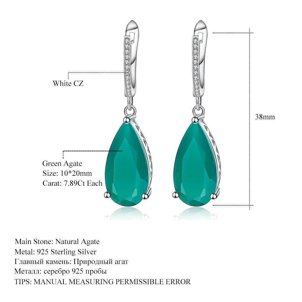 Luxury and luxurious green agate earrings with fashionable temperament s925 sterling silver inlaid natural gemstone earrings and earrings