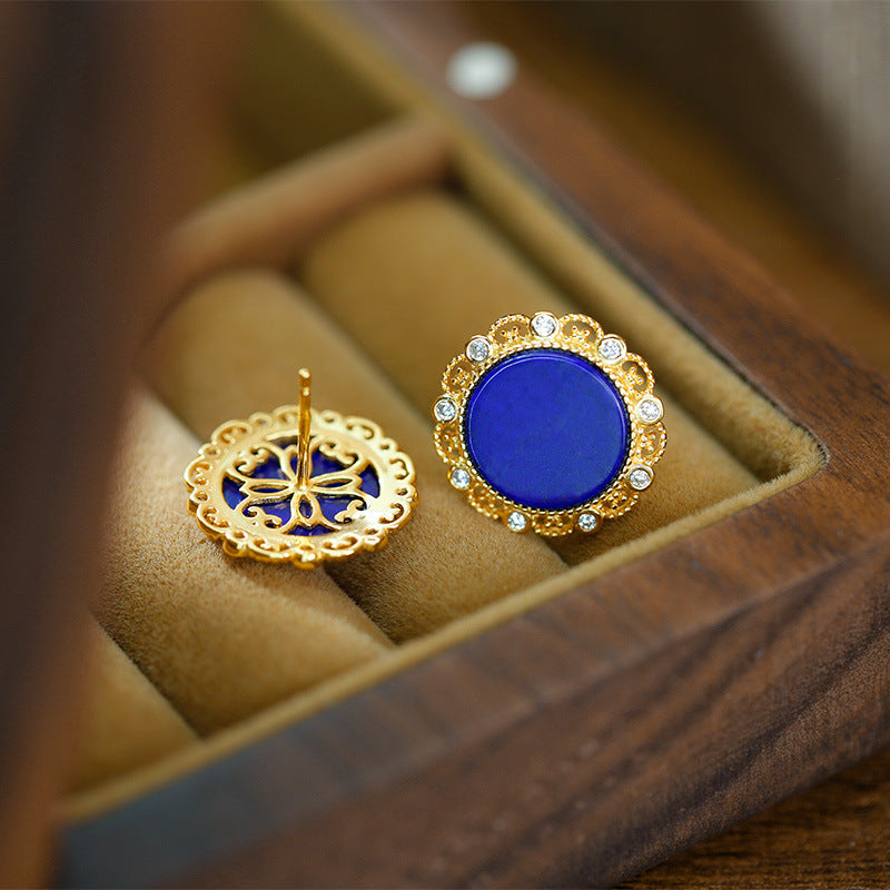 S925 silver plated gold inlaid natural lapis lazuli circular earrings and earrings