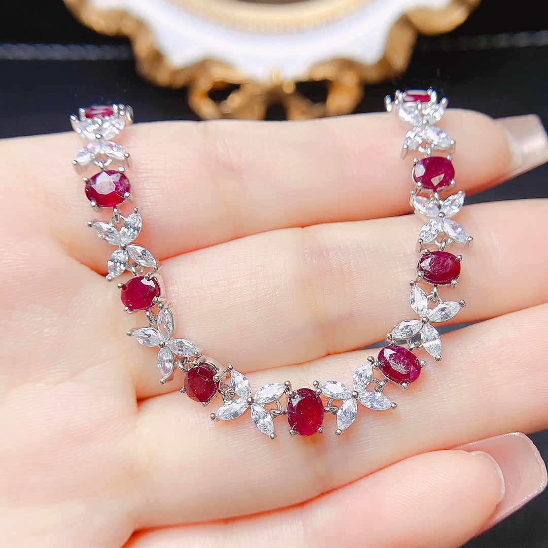 Natural ruby bracelet S925 silver set with main stone