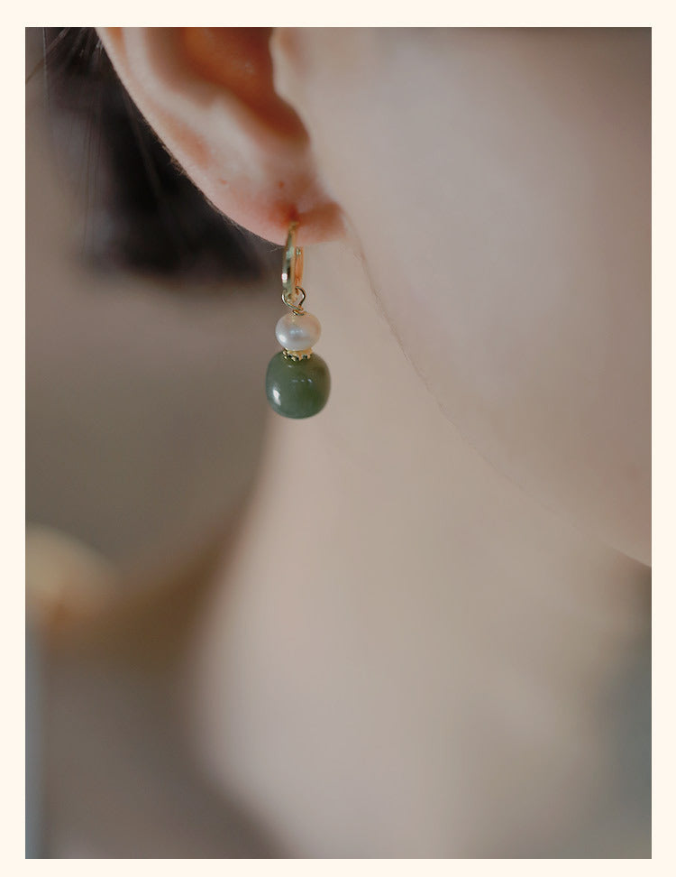 Natural Hotan Jade Earrings Retro High Grade Pure Silver Female Earhook Small Design