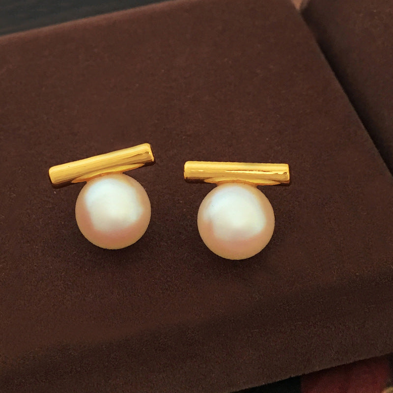 Copper -plated real gold S925 Silver Needle Simple Story Pearl Earrings Temperament Vintage Earrings New Wide Earrings