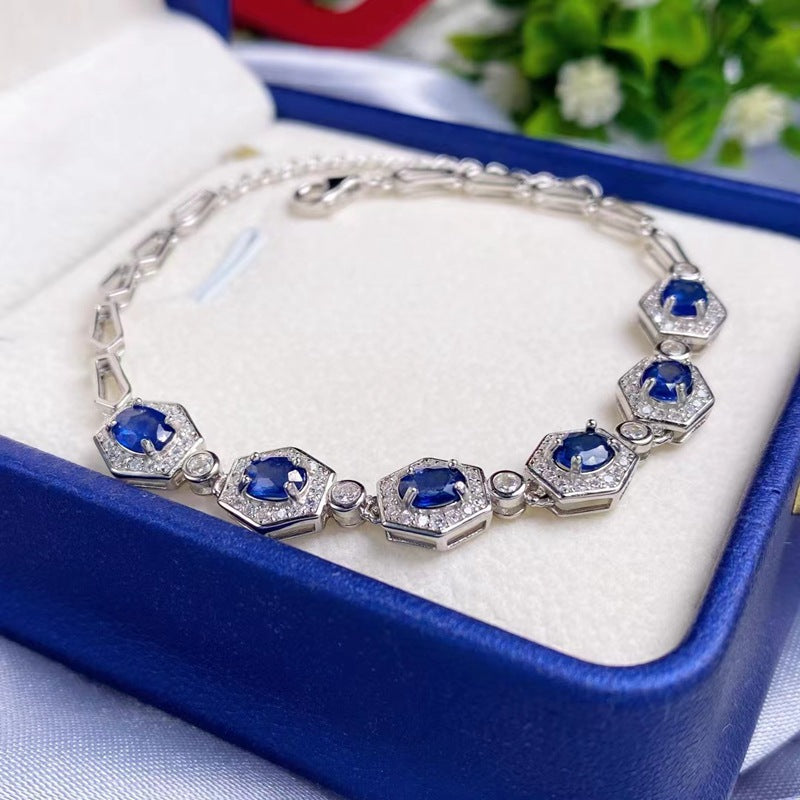 Pulsera de zafiro natural engastada con joyas clásicas de mujer en plata S925