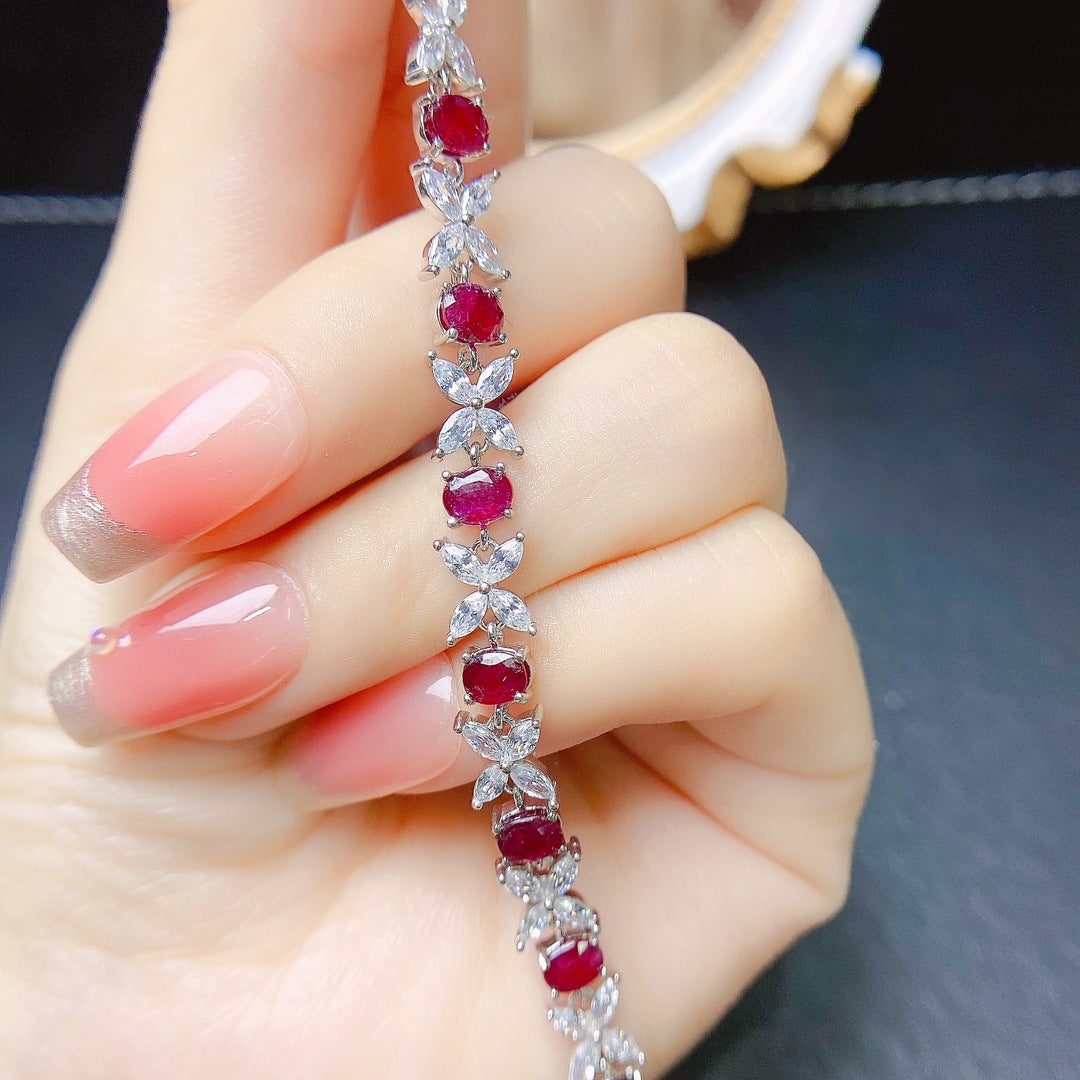 Natural ruby bracelet S925 silver set with main stone