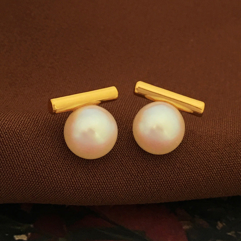 Copper -plated real gold S925 Silver Needle Simple Story Pearl Earrings Temperament Vintage Earrings New Wide Earrings