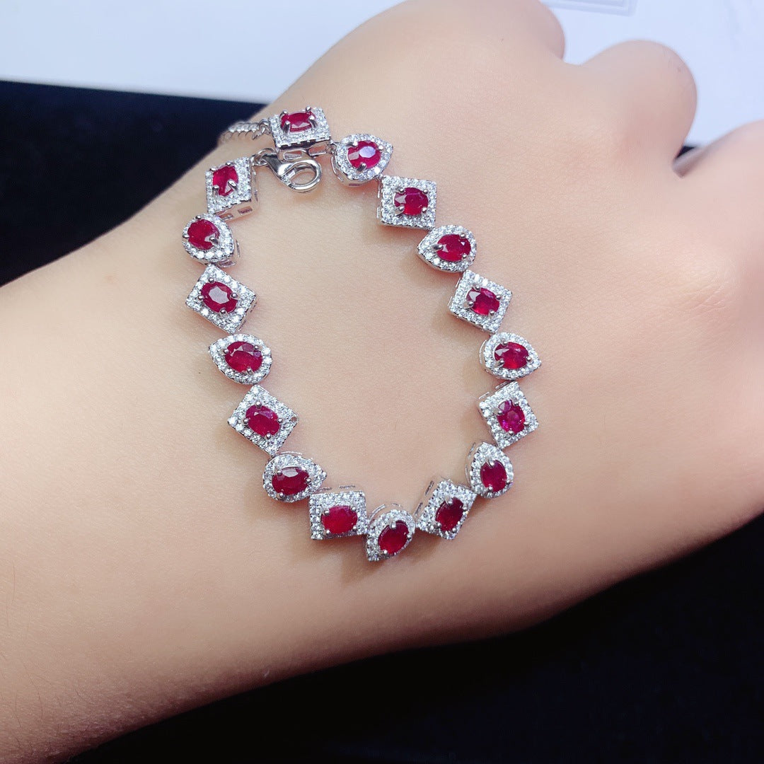 Pulsera de rubí natural en plata S925 engastada con piedra principal