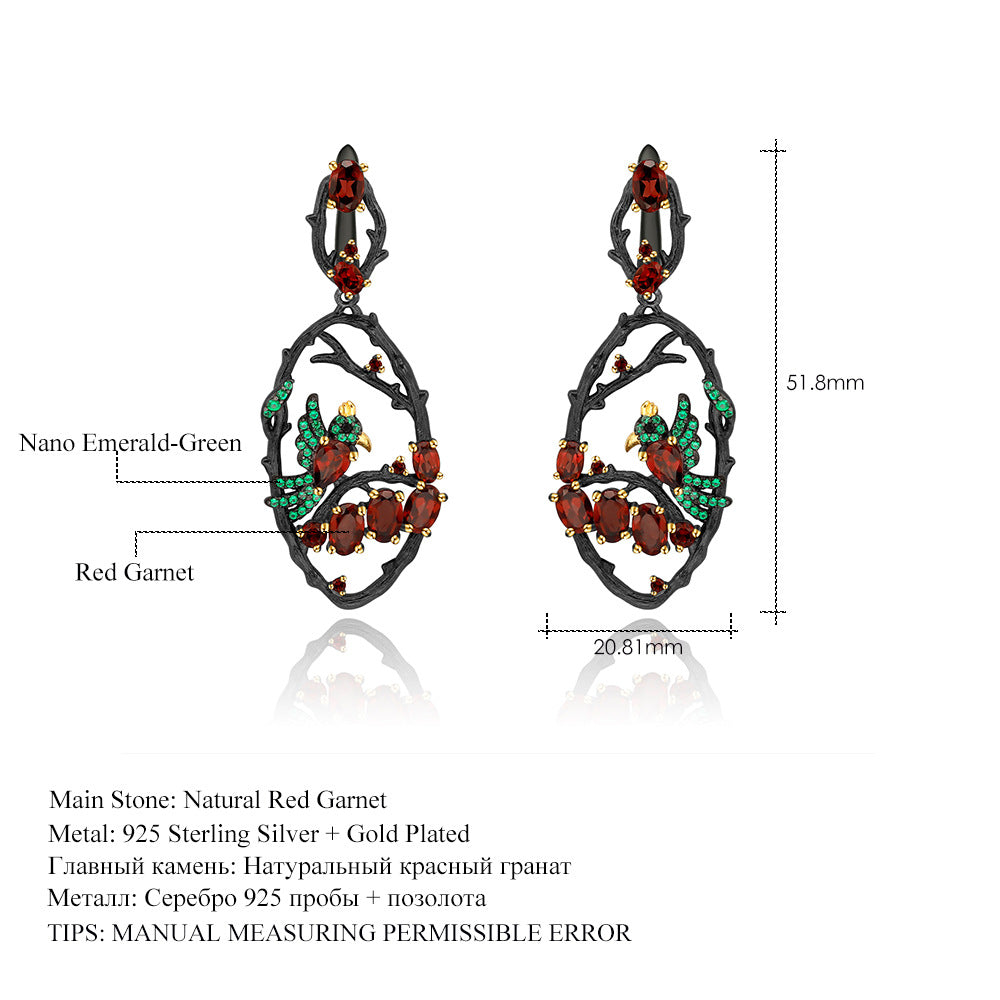 Pendientes de plata 925 con piedras preciosas naturales y diseño de pájaros en el arbusto