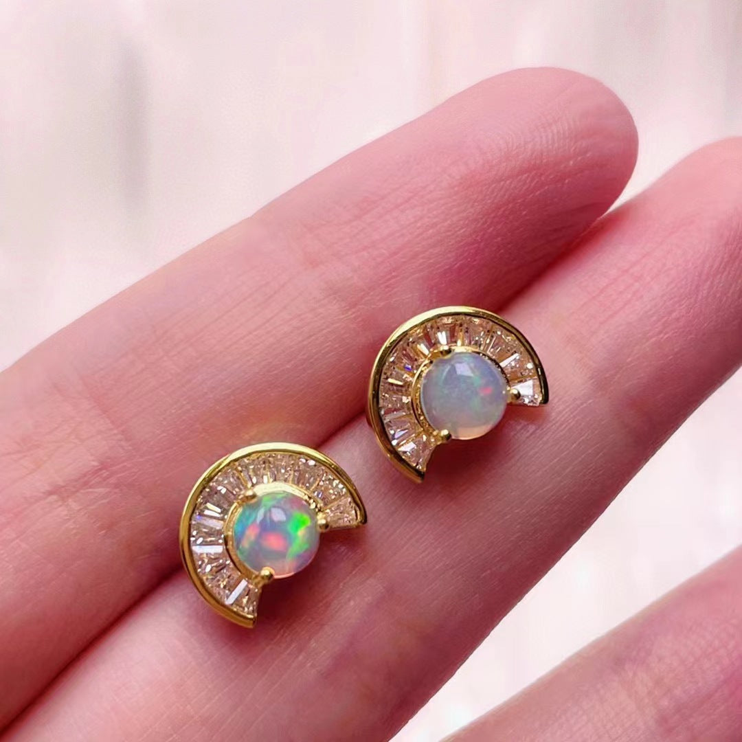 Opal Half Moon Earrings S925 Silver Inlaid Opal Colorful Fashion Women's Earrings