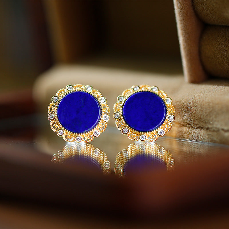 S925 silver plated gold inlaid natural lapis lazuli circular earrings and earrings