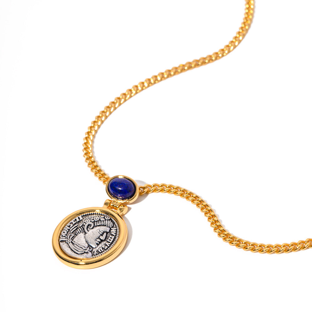 vintage French vintage necklace Ancient coins inlaid with lapis lazuli to make old portrait necklace