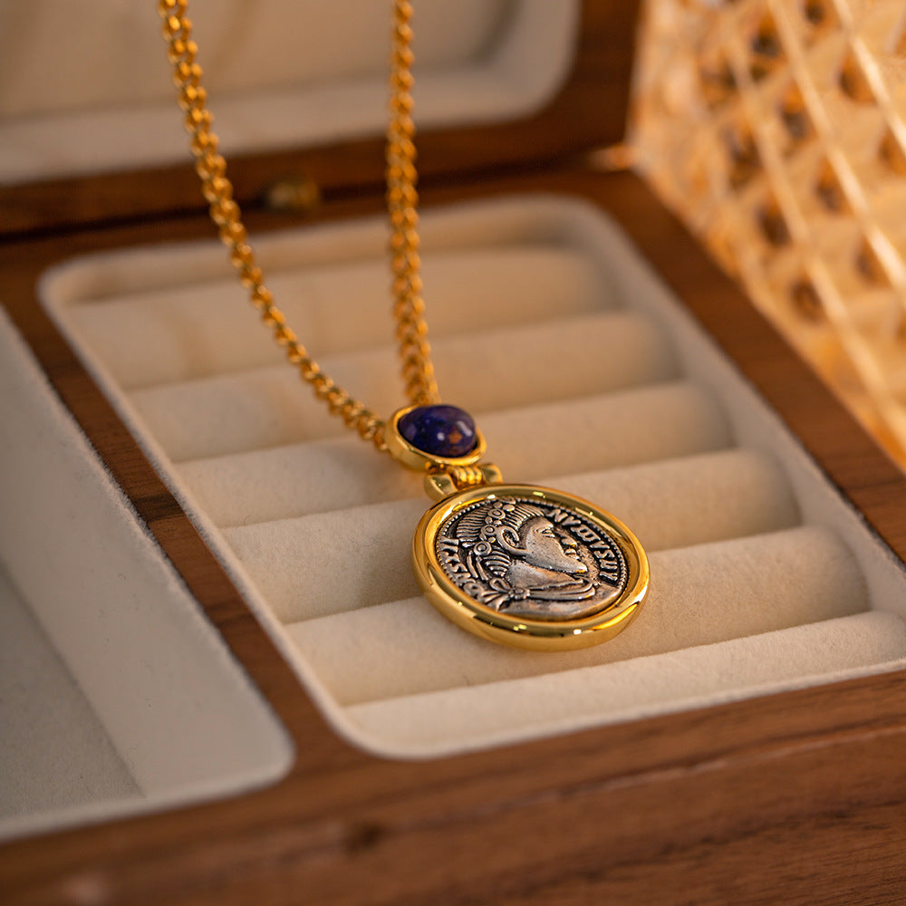 vintage French vintage necklace Ancient coins inlaid with lapis lazuli to make old portrait necklace