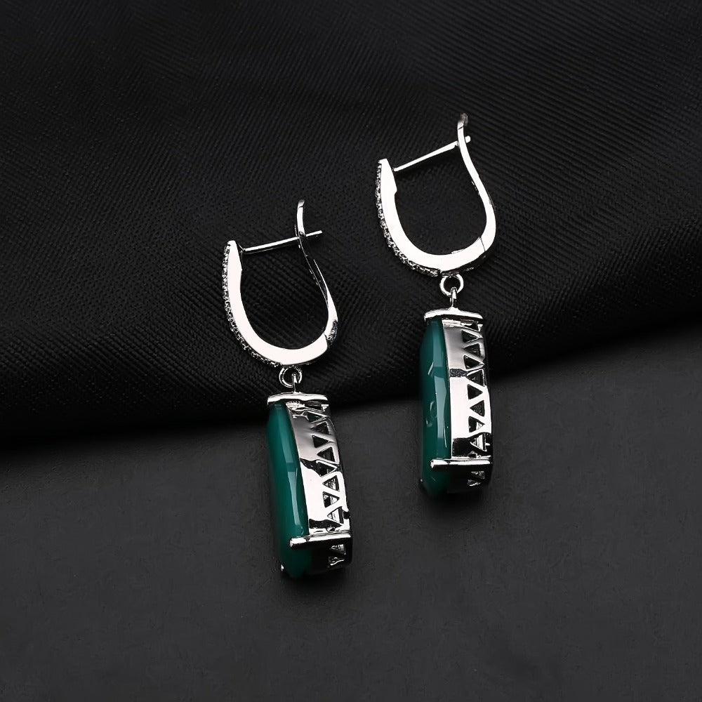 Luxury and luxurious green agate earrings with fashionable temperament s925 sterling silver inlaid natural gemstone earrings and earrings