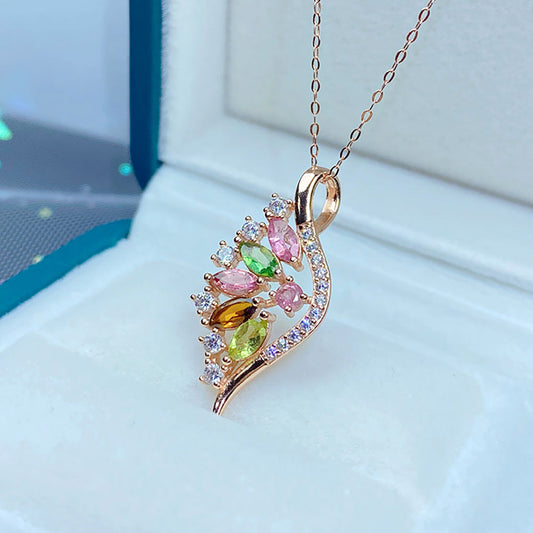 Rainbow  tourmaline pendant female niche design sense ins wind luxury pendant s925 sterling silver gemstone necklace