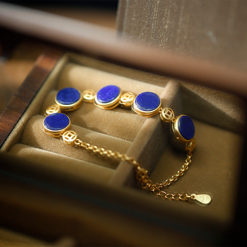 S925 Silver Plated Gold Inlaid Natural Lapis lazuli Round Brand Bracelet