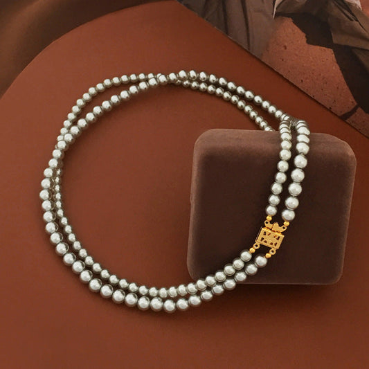 【DF】European and American retro style double-row pearl necklace temperament, light luxury elegant necklace, women's niche high-end sense collarbone chain