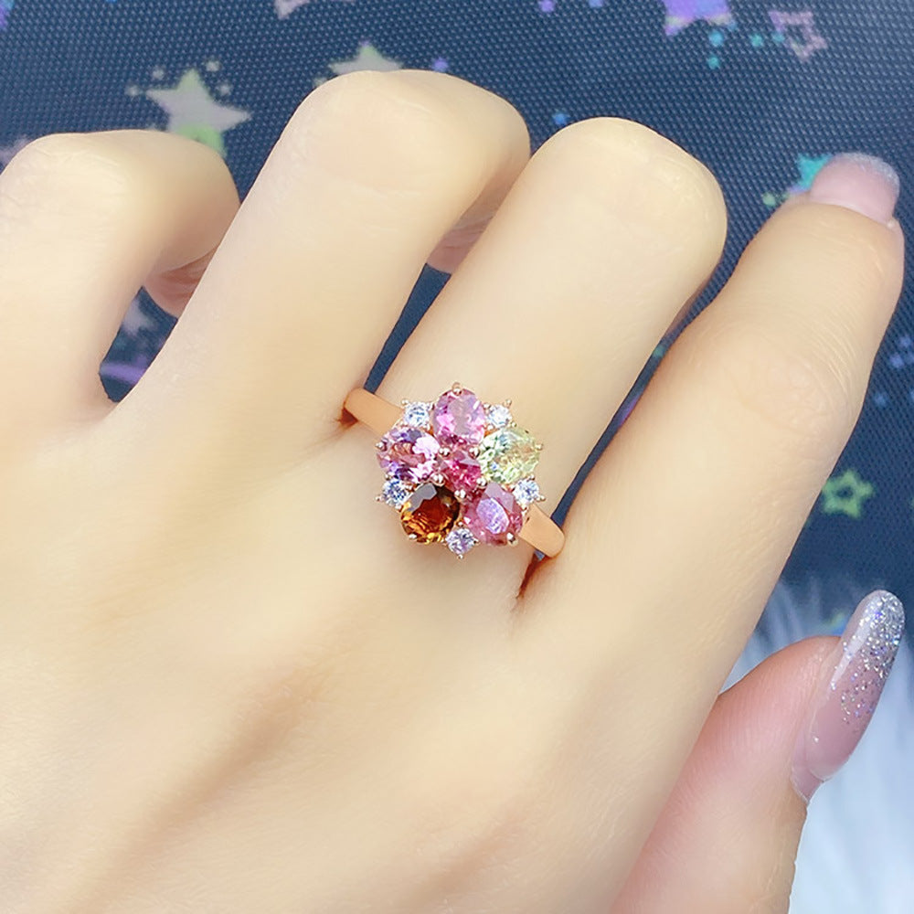 Natural Brazilian tourmaline flower ring feminine versatile light luxury ring s925 sterling silver gemstone