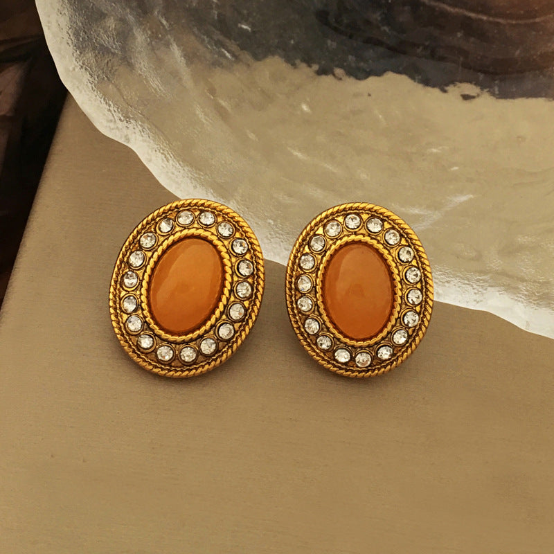 [DF]Gold-plated S925 silver needle European and American personality antique oval earrings temperament high sense zircon earrings