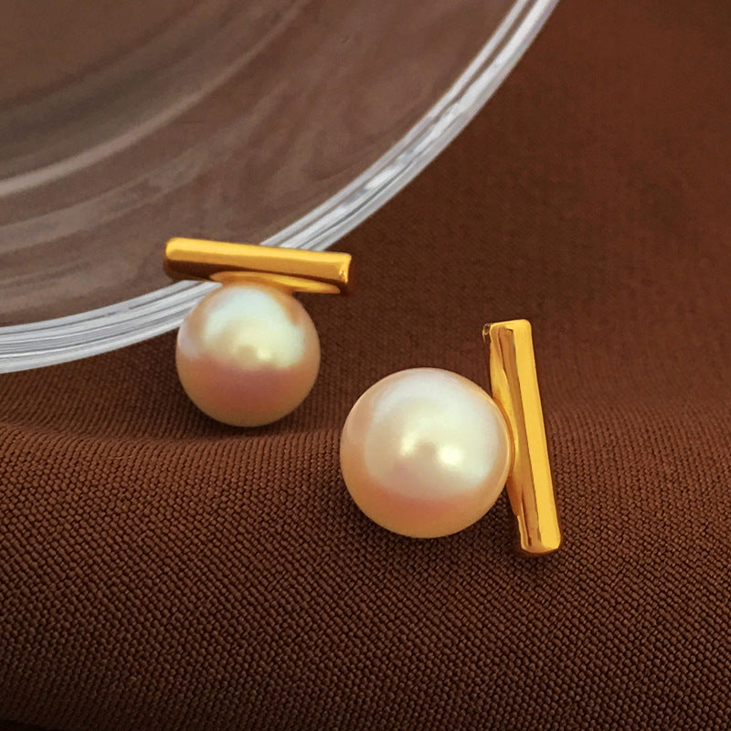 Copper -plated real gold S925 Silver Needle Simple Story Pearl Earrings Temperament Vintage Earrings New Wide Earrings