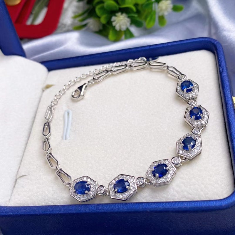 Pulsera de zafiro natural engastada con joyas clásicas de mujer en plata S925