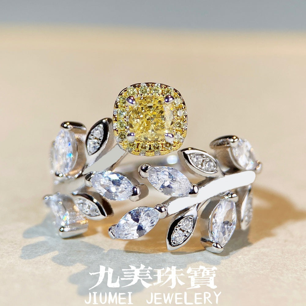 S925 sterling silver ring female yellow diamond niche jewelry ring