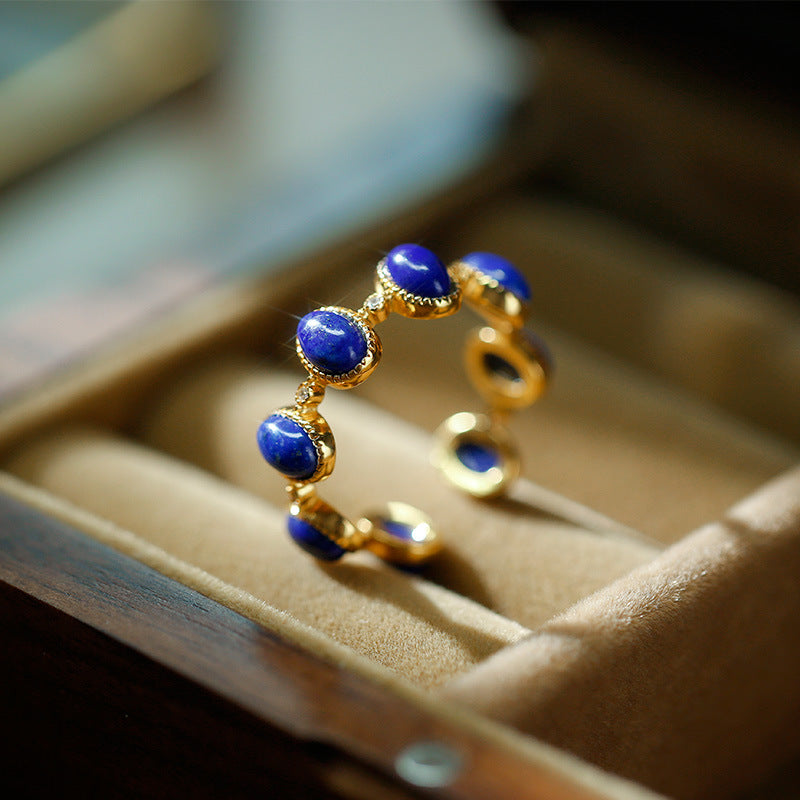 S925 Silver Gold Plated Lapis Lazuli Cabochon Stylish Open Adjustable Ring