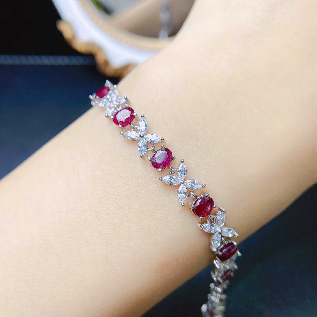 Natural ruby bracelet S925 silver set with main stone