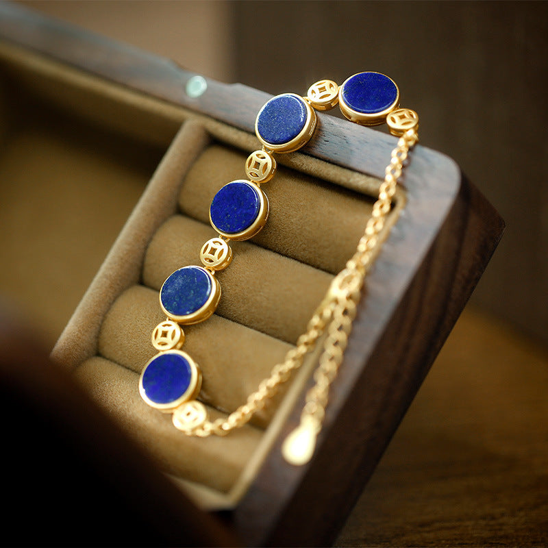 S925 Silver Plated Gold Inlaid Natural Lapis lazuli Round Brand Bracelet