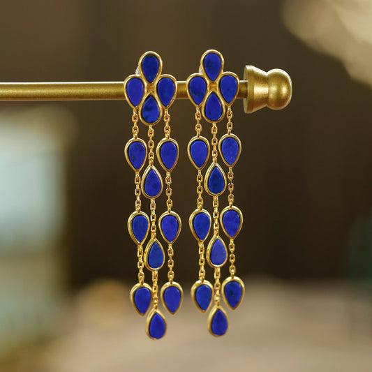 Boucles d'oreilles lapis-lazuli incrustées d'argent S925 avec pompons