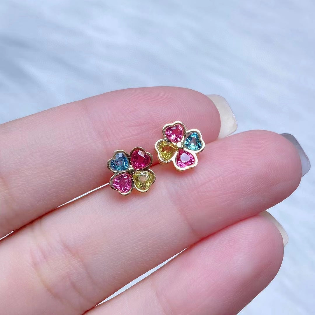 Rainbow Tourmaline Four Leaf Grass Earrings 18K Gold Inlaid Candy Color Tourmaline Fashion Simple Women's Ears