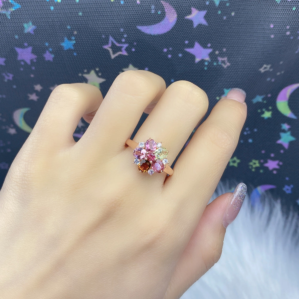 Natural Brazilian tourmaline flower ring feminine versatile light luxury ring s925 sterling silver gemstone