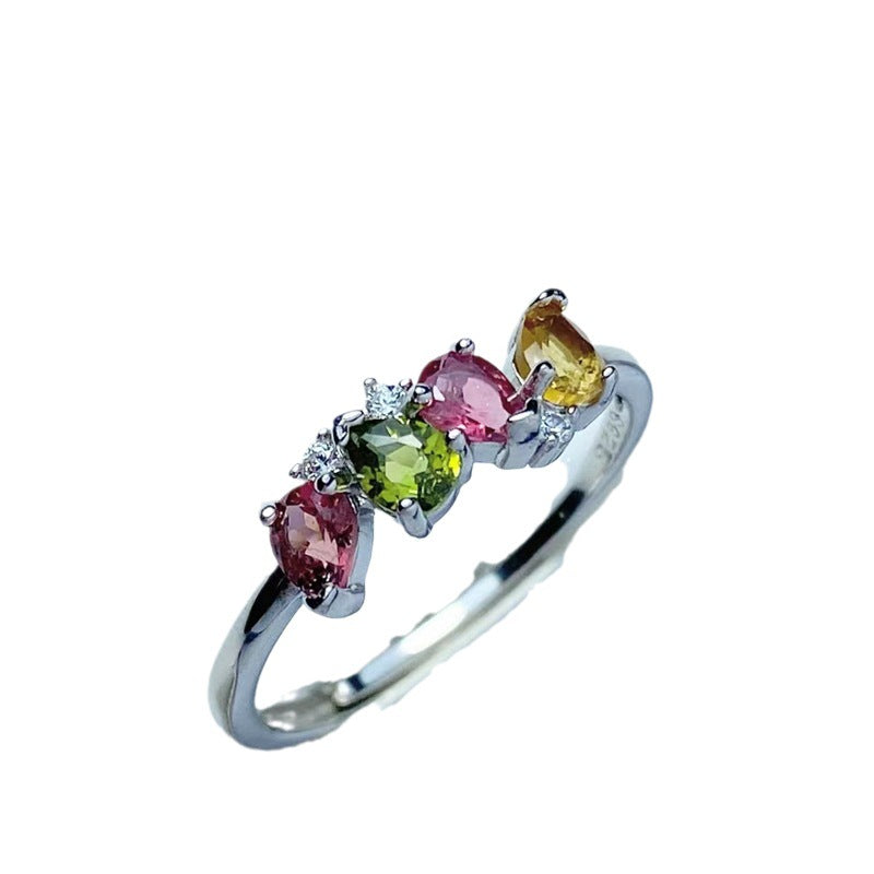 Natural tourmaline color ring inlaid with 925 silver