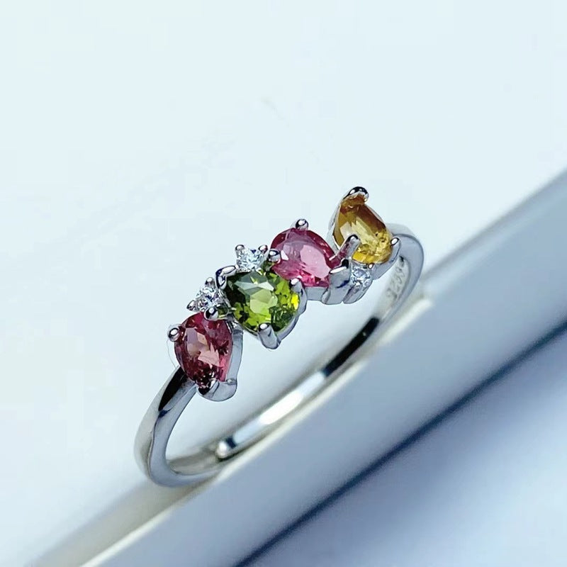 Natural tourmaline color ring inlaid with 925 silver