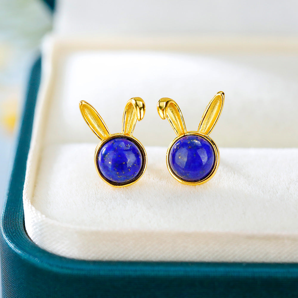 S925 silver plated gold inlaid lapis lazuli rabbit fashion high-end earrings and earrings