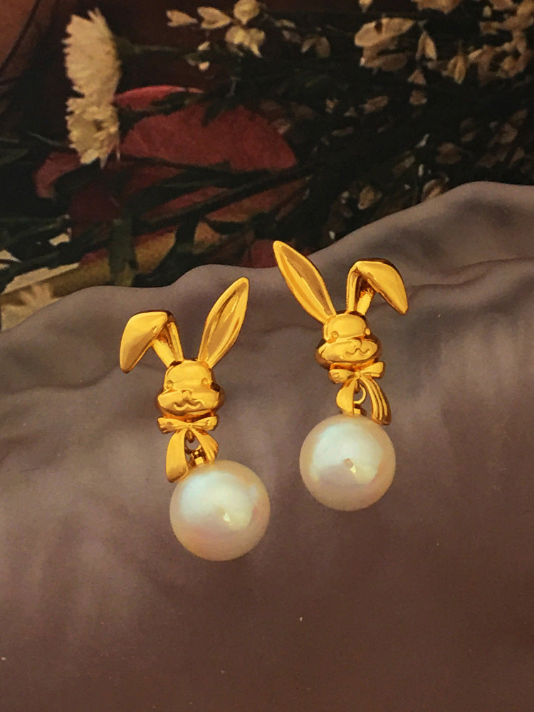 [DF]Self-designed S925 silver needle Korea cute rabbit earrings temperament lady Pearl earrings fashion earrings.