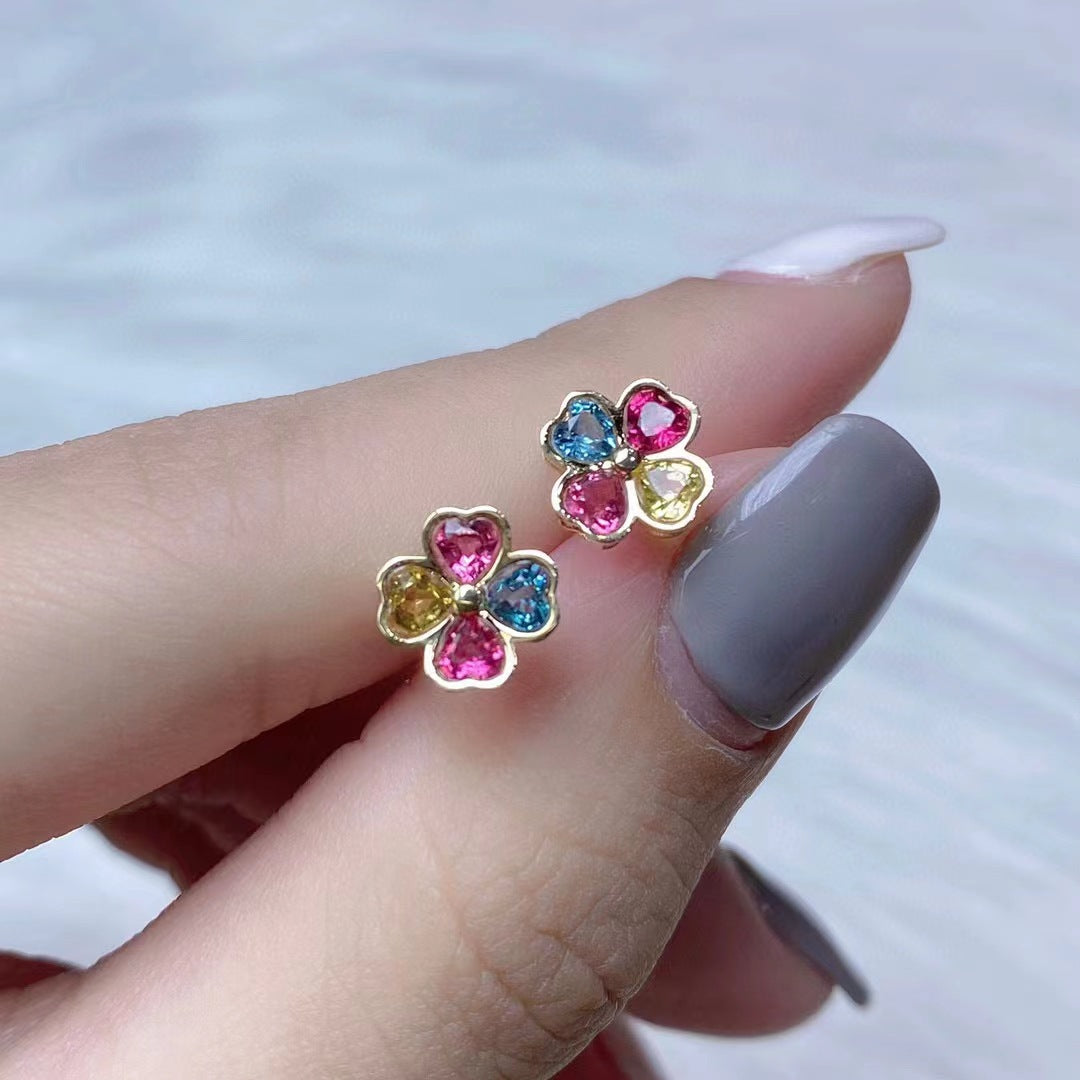 Rainbow Tourmaline Four Leaf Grass Earrings 18K Gold Inlaid Candy Color Tourmaline Fashion Simple Women's Ears