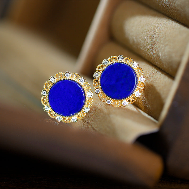 S925 silver plated gold inlaid natural lapis lazuli circular earrings and earrings