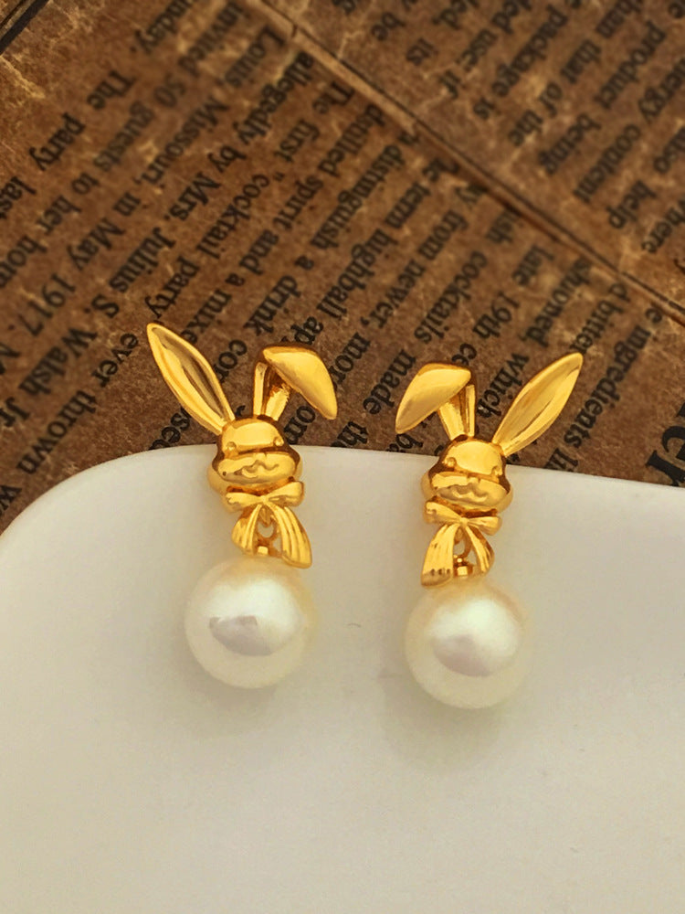 [DF]Self-designed S925 silver needle Korea cute rabbit earrings temperament lady Pearl earrings fashion earrings.