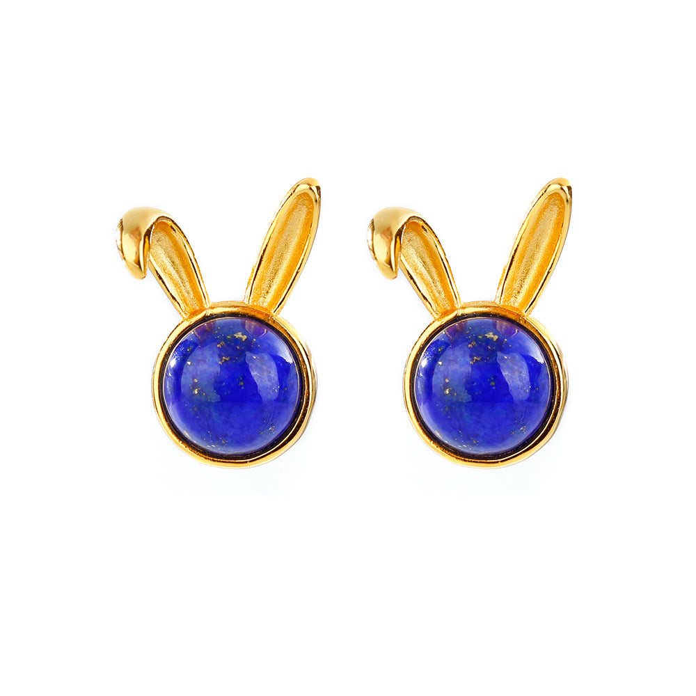 Boucles d'oreilles et boucles d'oreilles en forme de lapin lapis lazuli, plaqué argent et or incrusté, haut de gamme, à la mode, S925