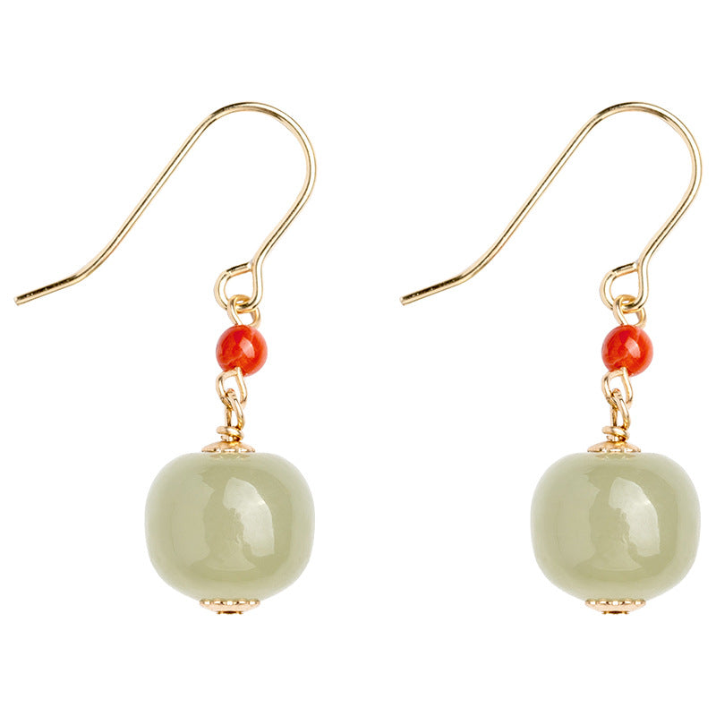 Natural Hotan Jade Blue Jade Earrings 14k Gold Wrapped with South Red Agate