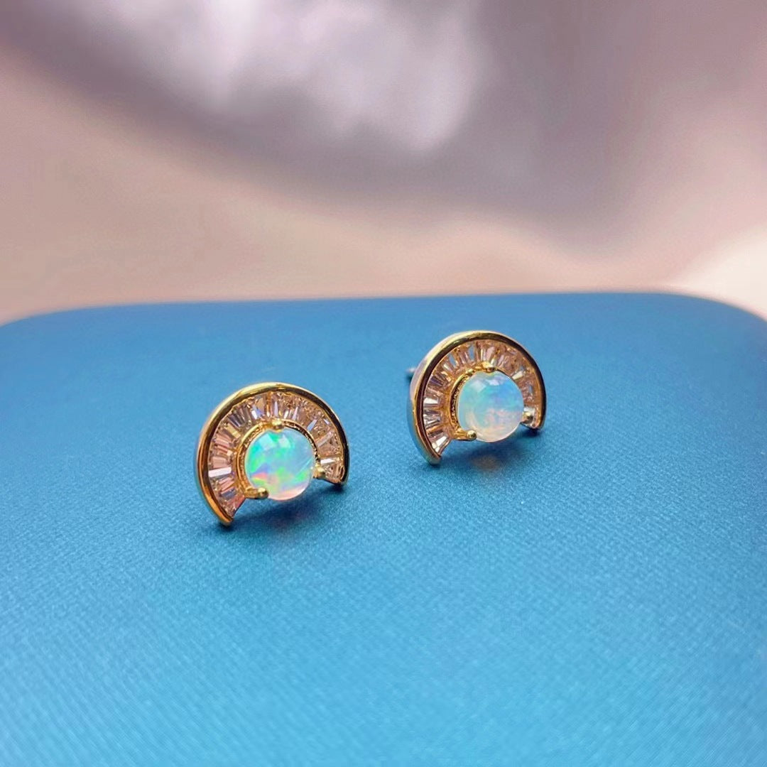 Opal Half Moon Earrings S925 Silver Inlaid Opal Colorful Fashion Women's Earrings