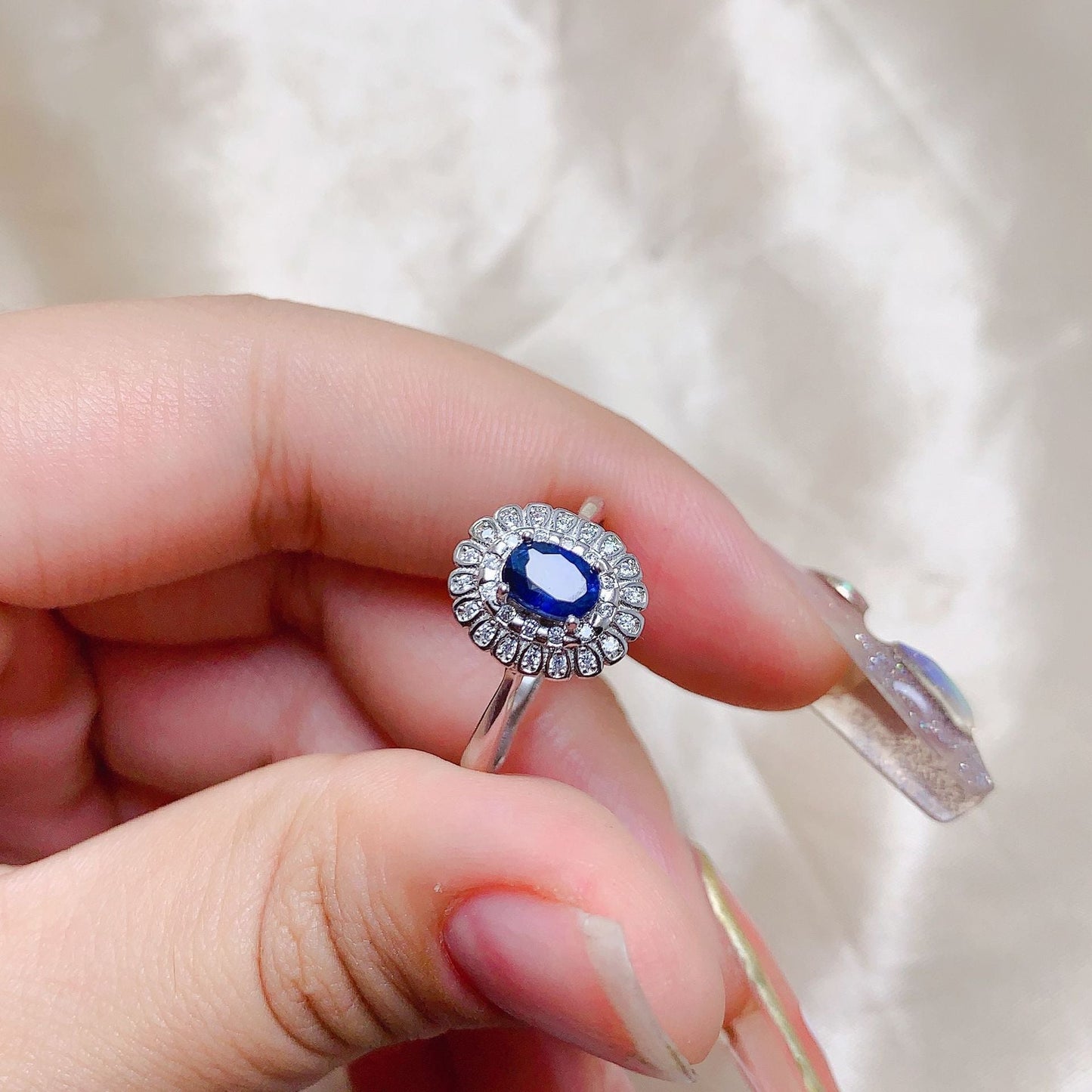 [DF]Natural Sri Lanka Sapphire Ring 925 silver setting fresh and simple