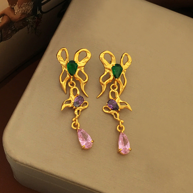 [DF]Original S925 Silver Needle Vintage Style Hollow Bow Earrings Elegant and Premium Zircon Long Earrings