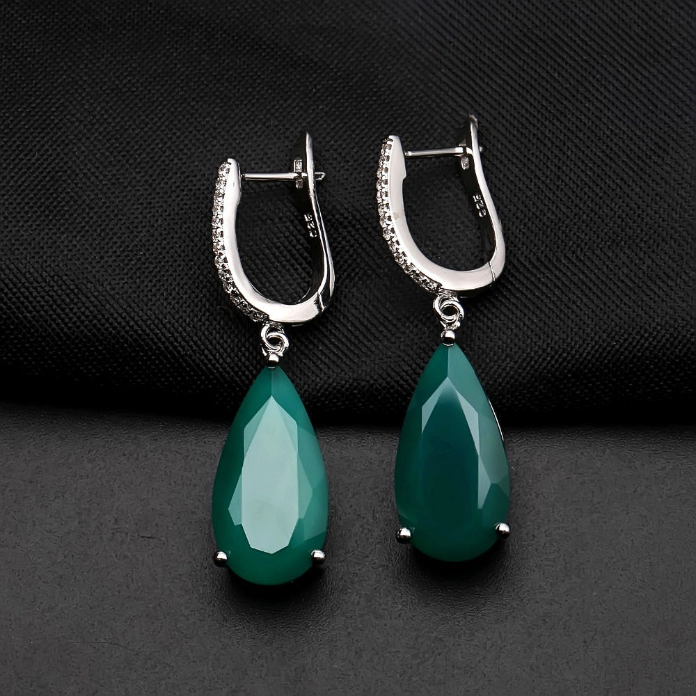 Luxury and luxurious green agate earrings with fashionable temperament s925 sterling silver inlaid natural gemstone earrings and earrings