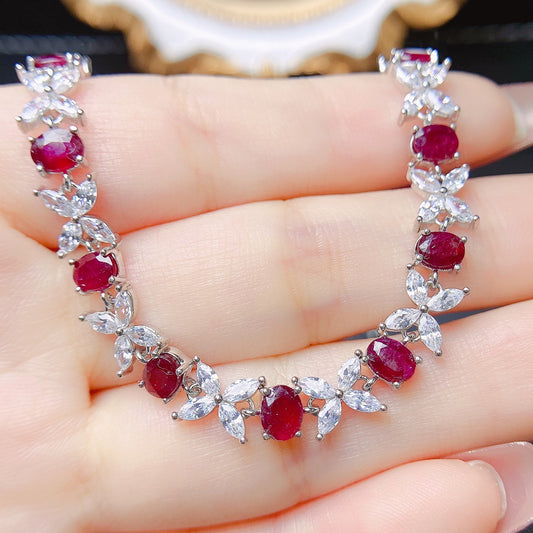 Pulsera de rubí natural en plata S925 engastada con piedra principal