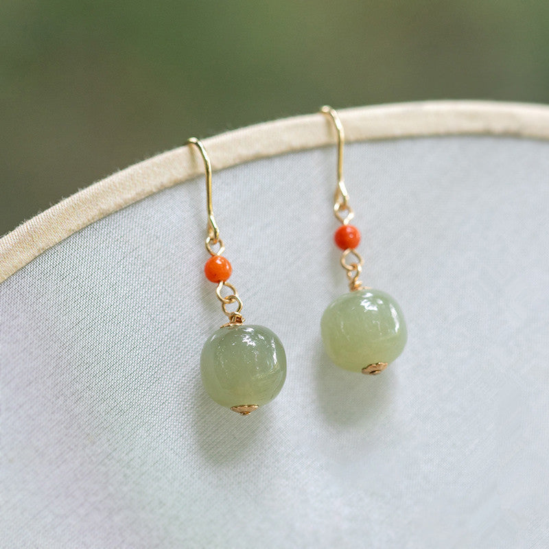 Natural Hotan Jade Blue Jade Earrings 14k Gold Wrapped with South Red Agate