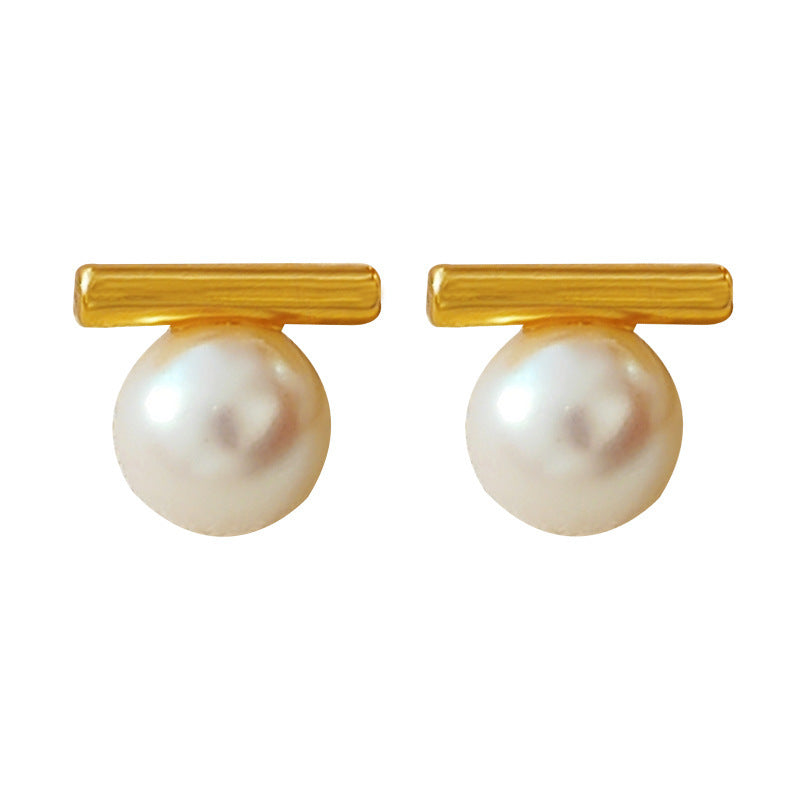 Copper -plated real gold S925 Silver Needle Simple Story Pearl Earrings Temperament Vintage Earrings New Wide Earrings