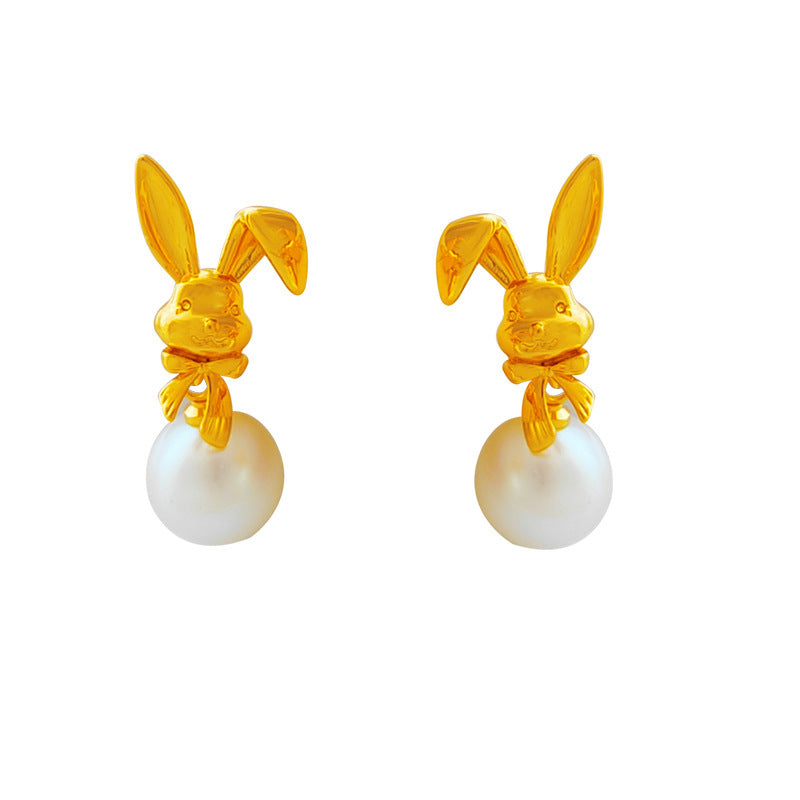 [DF]Self-designed S925 silver needle Korea cute rabbit earrings temperament lady Pearl earrings fashion earrings.