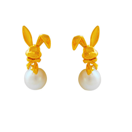 [DF]Self-designed S925 silver needle Korea cute rabbit earrings temperament lady Pearl earrings fashion earrings.